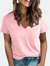 Pocketed V-Neck Short Sleeve T-Shirt - Be Juliet