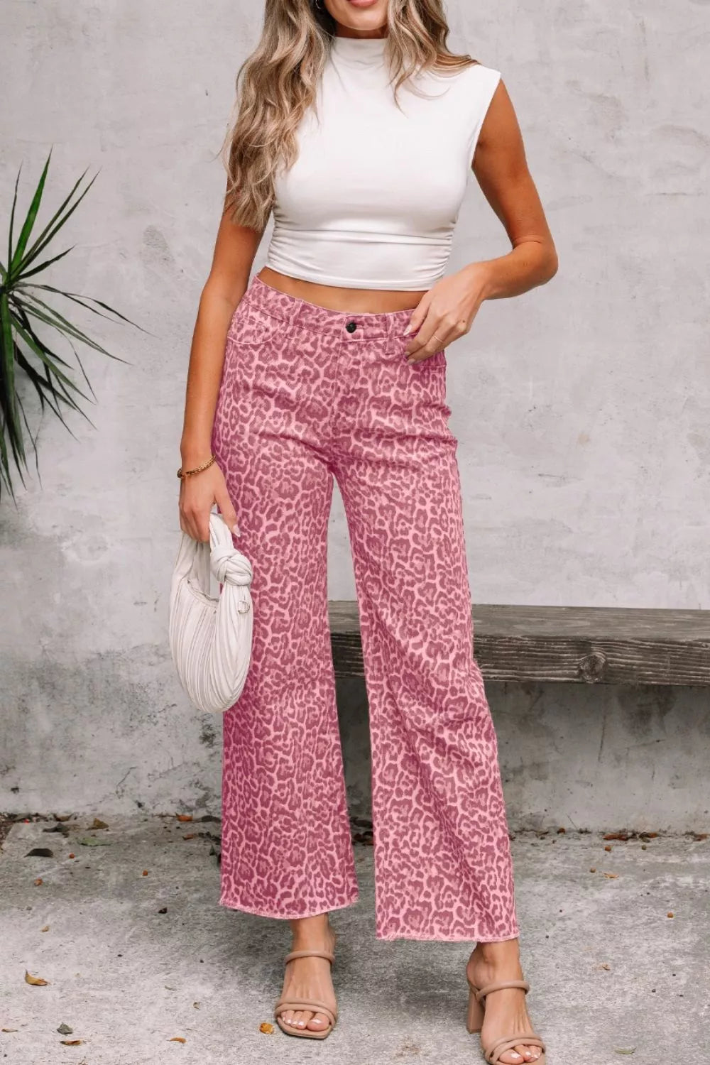 Leopard Frayed Edge Wide Leg High Waist Jeans - Dusty Pink, full-length front view - Be Juliet