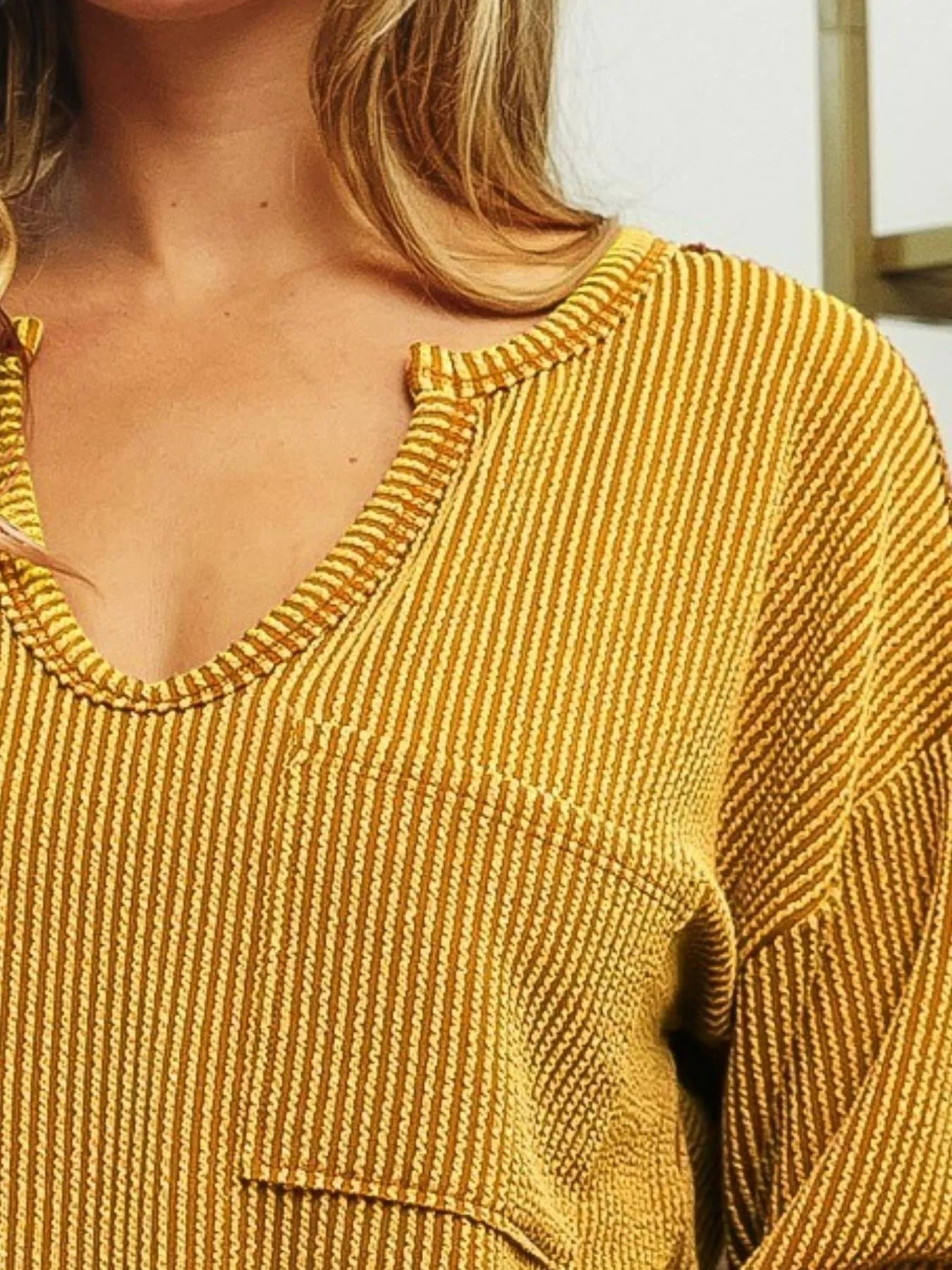 BiBi Wavy Two-Tone Ribbed Pocket Top - MUSTARD, side view on model - Be Juliet