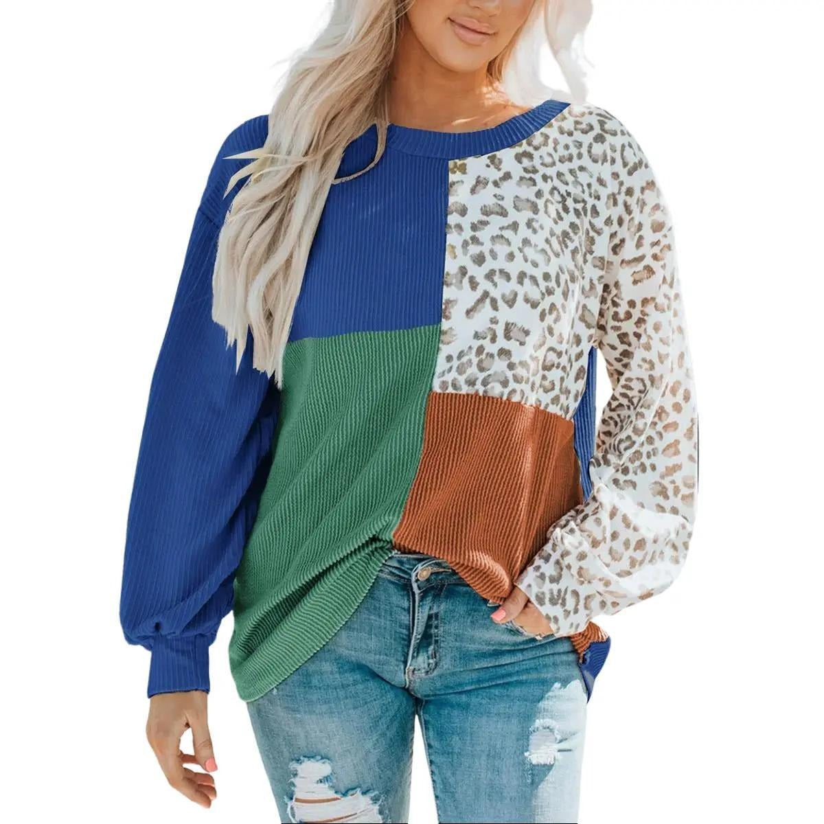 Leopard Patchwork Color Block Ribbed Long Sleeve Top - Be Juliet