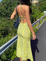 Floral Print Halter Neck Backless Slit Midi Dress - Be Juliet