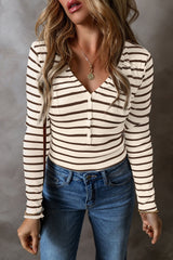 Striped V-Neck Long Sleeve Top - Be Juliet