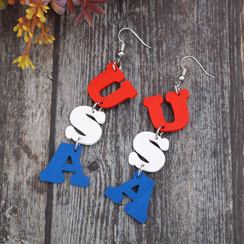USA Wooden Letter Dangle Earrings - flat lay showing pair detail - Be Juliet