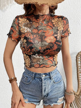 Floral Mesh Crop Top with Lettuce Trim - Be Juliet