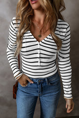 Striped V-Neck Long Sleeve Top - Be Juliet