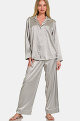Satin Long Sleeve Shirt & Pants Pajama Set - Be Juliet