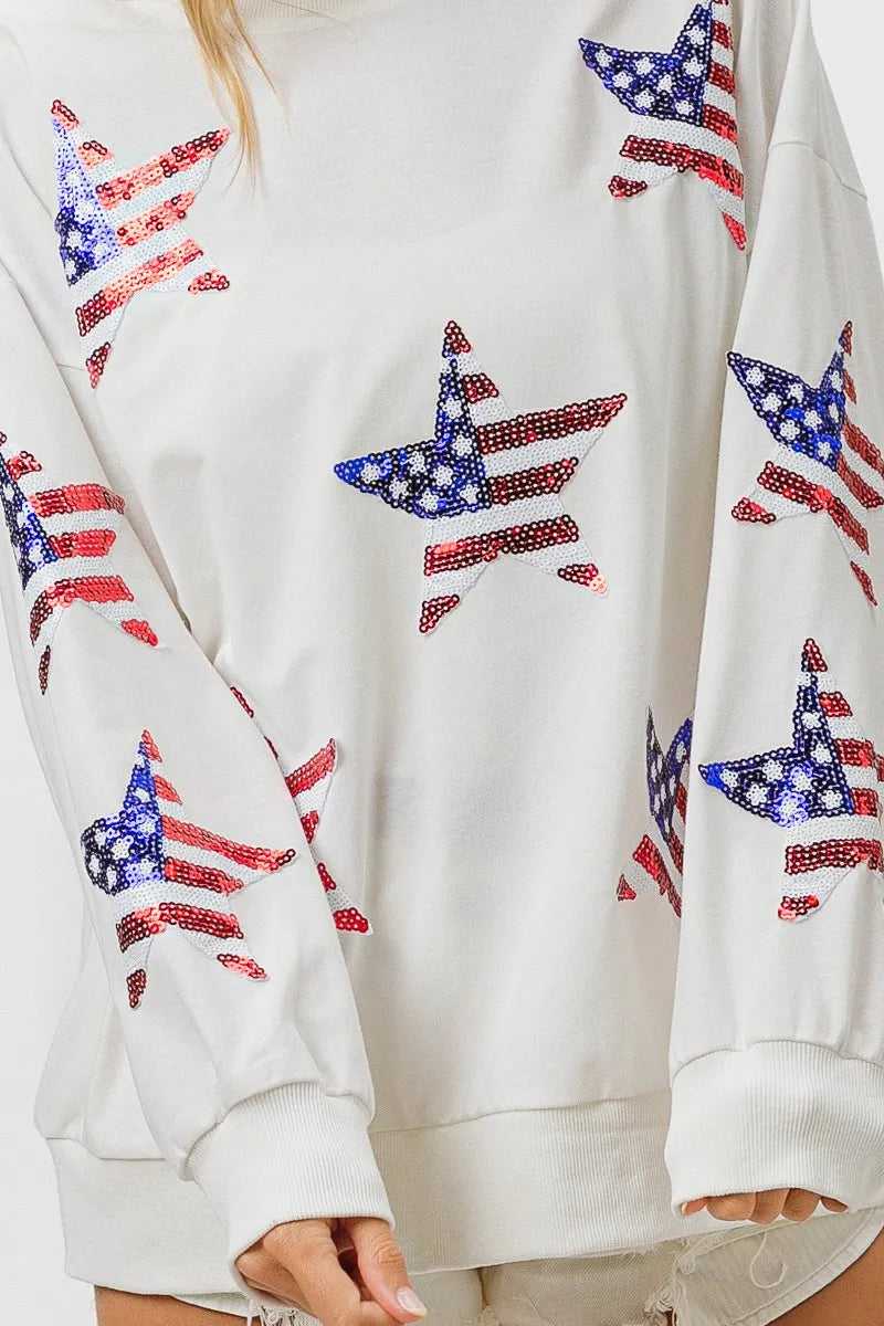 Sequin Star Flag Sweatshirt – Oversized Fit - OFF WHITE, side close-up detail - Be Juliet