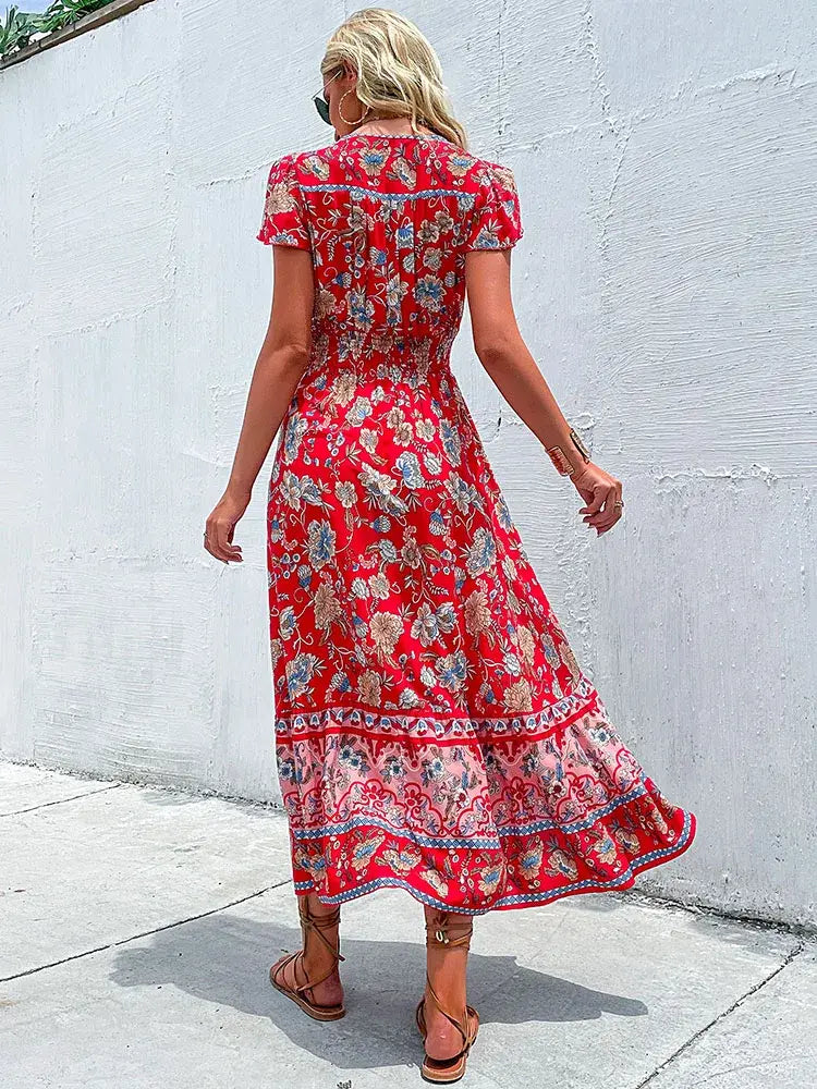 Short Sleeves V Neck Vintage Floral Boho Printed Slit Midi Dresses A Line Bohemian Summer Beach Dress Red / M