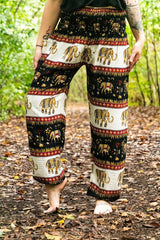 Black Elephant Print Boho Harem Pants – Women's One Size