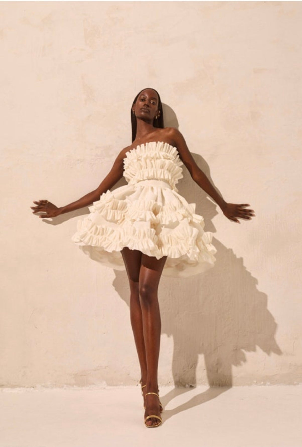 Tube Ruffle Cupcake Dress - front full-length view on model, strapless tiered ruffle cupcake silhouette - Be Juliet