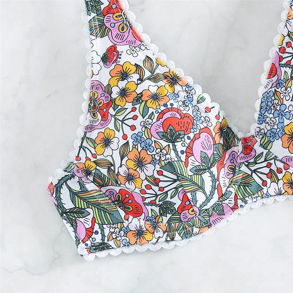Claire Flower Print High Waist Bikini Set - floral, full-length view on model - Be Juliet