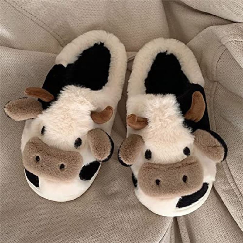 Cow Slippers - Cow, overhead flat lay showing full pair - Be Juliet
