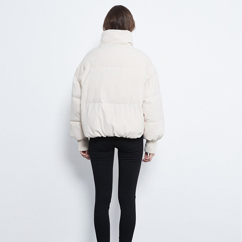 Jessa Oversized Puffer Jacket - Light Creme, back view on model - Be Juliet