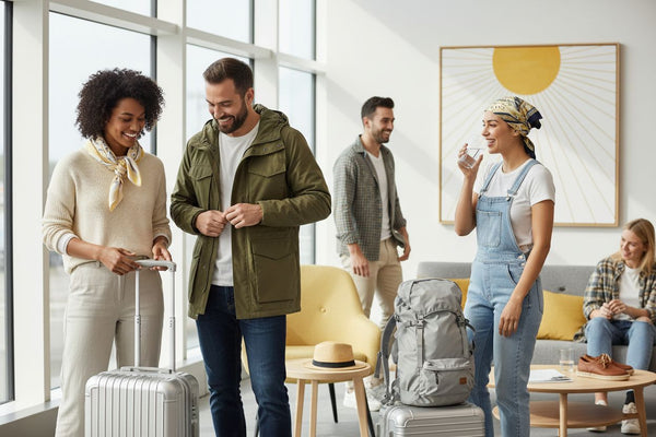 versatile travel outfits, stylish travelers, airport lounge
