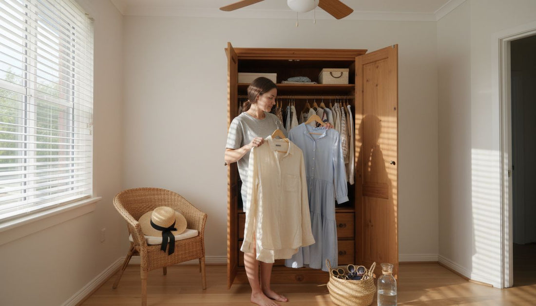 Woman choosing linen and cotton clothes
