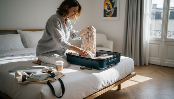 Woman packing suitcase in hotel room