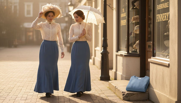 Edwardian women fashion walking city street