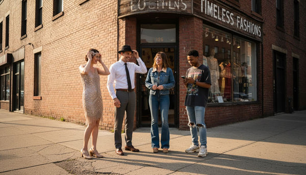 People in vintage clothes talk outside old shop