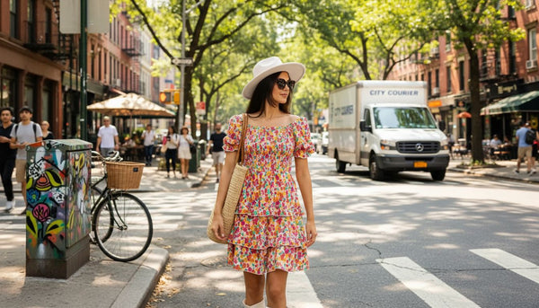 Woman in summer dress crossing city street