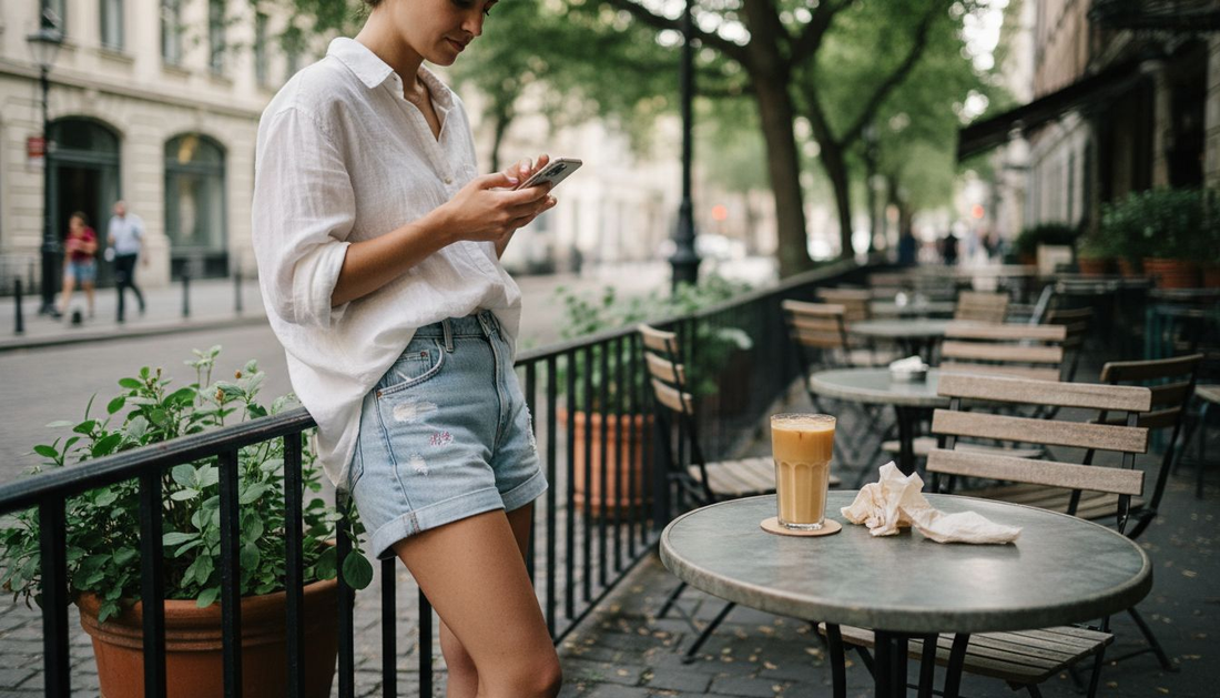 Woman in summer fabrics at outdoor café
