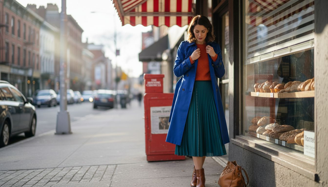 Woman in bright bold outfit on city sidewalk