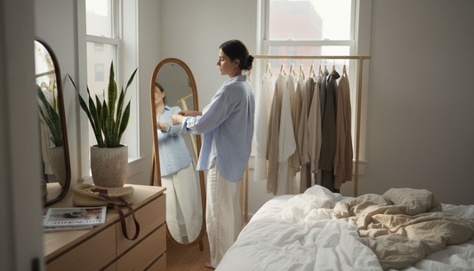 Woman arranging summer capsule wardrobe in city apartment