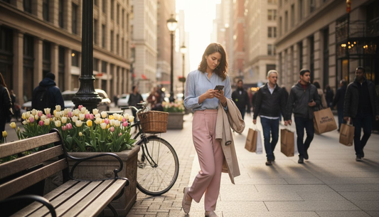 Woman in pastel outfit on city sidewalk
