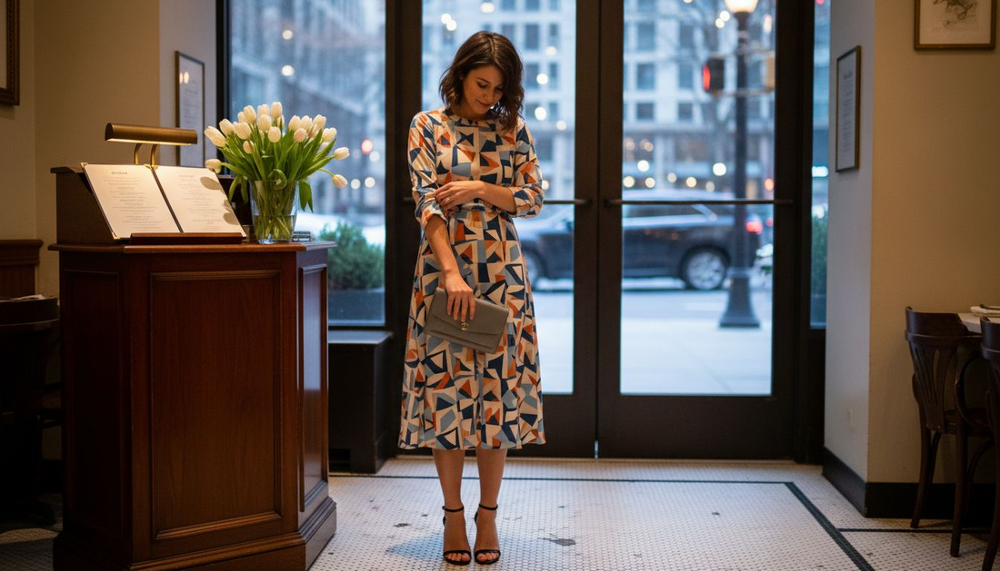 Woman in statement midi dress adjusts sleeve