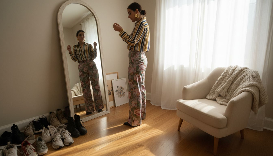 Woman styling mixed patterns home fashion