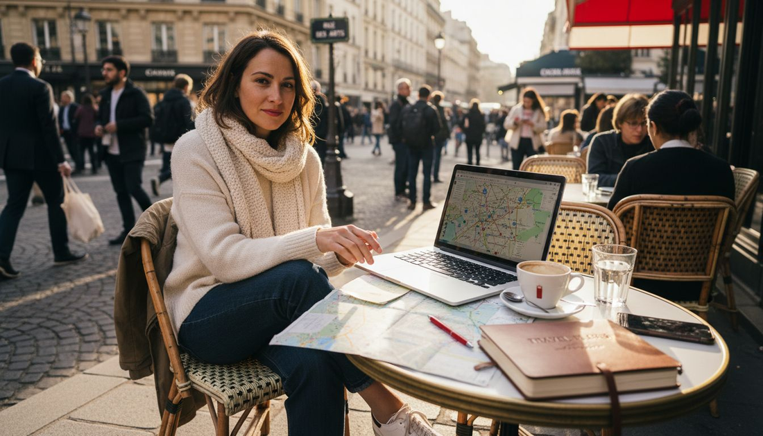 Solo woman plans trip at Paris café