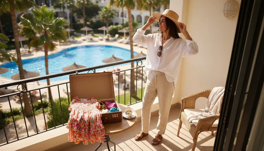 Woman in chic linen summer clothes on resort balcony
