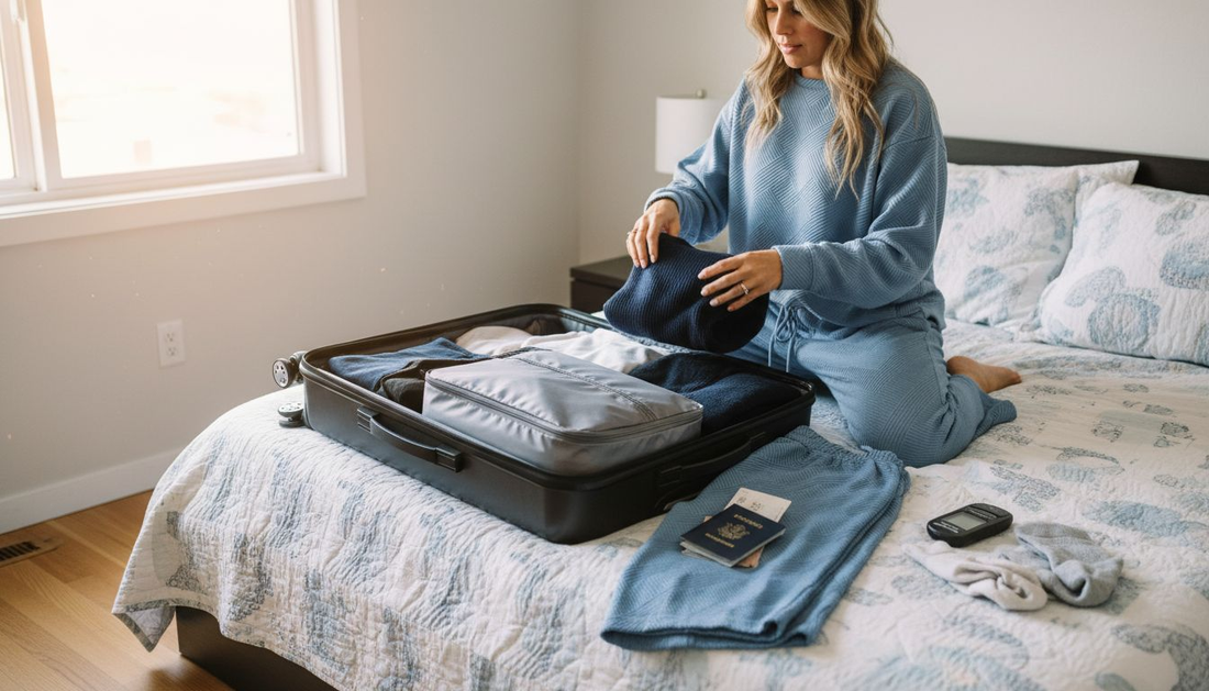 Woman folding clothes for packing suitcase