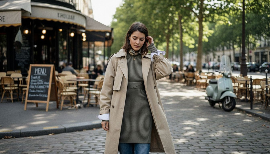 Parisian woman in trench coat outside café