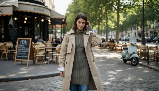 Parisian woman in trench coat outside café