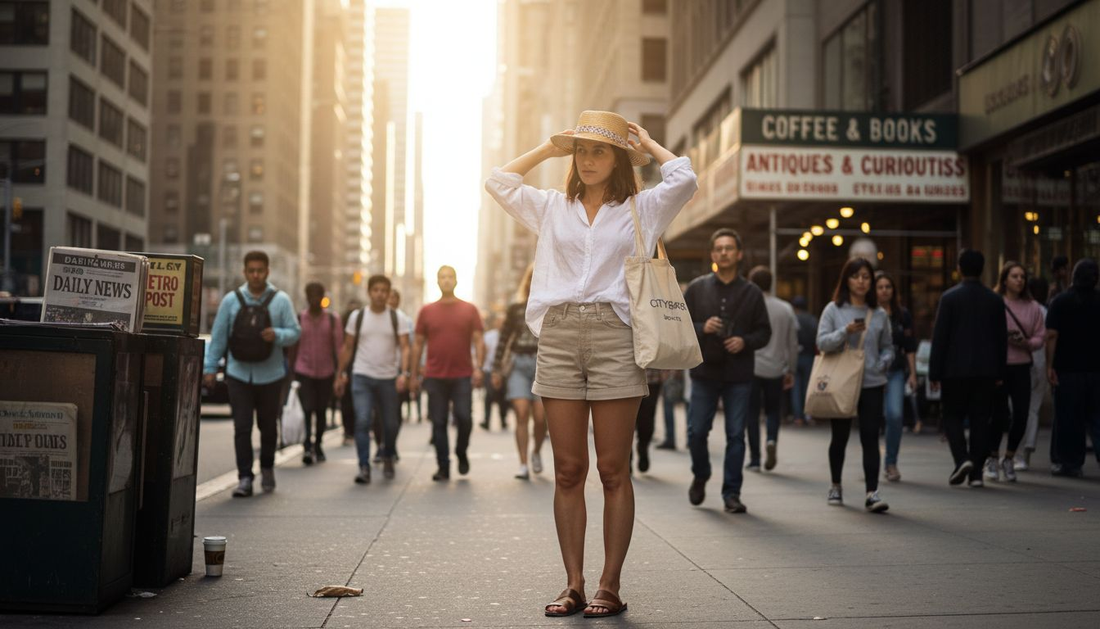 Woman wearing chic summer outfit on city sidewalk