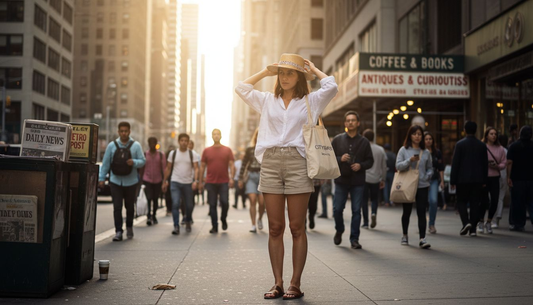Woman wearing chic summer outfit on city sidewalk