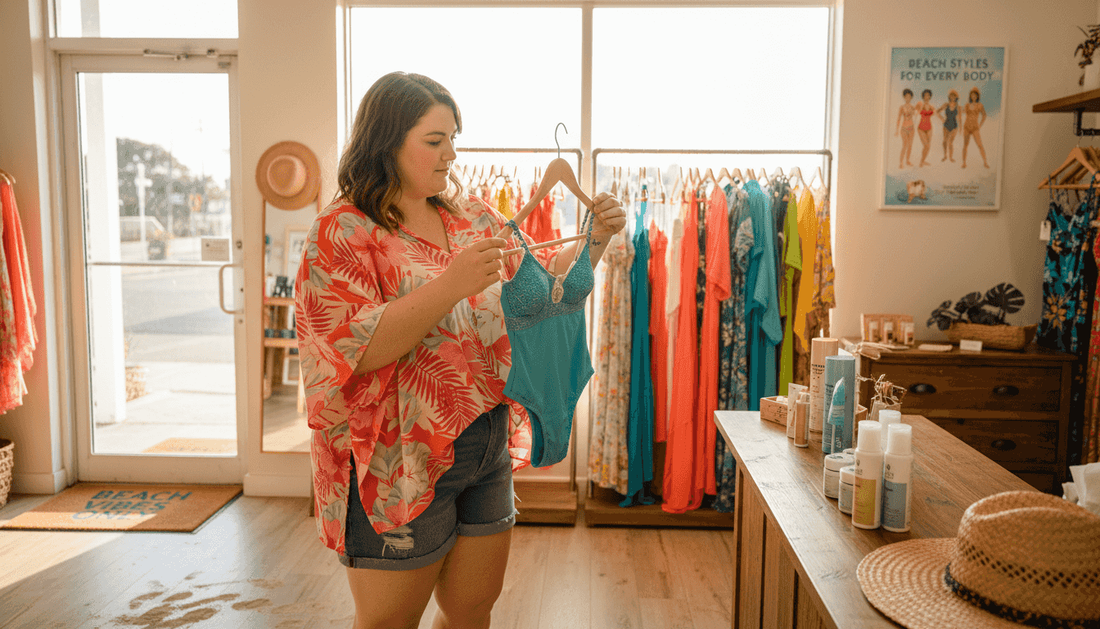 Plus size woman shop for beachwear in store