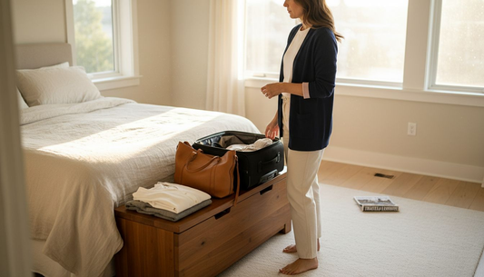Woman packing neutral effortless wardrobe in sunlit room