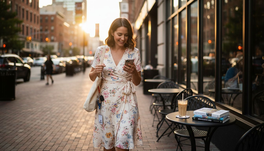 Woman in wrap dress outside cafe at sunset