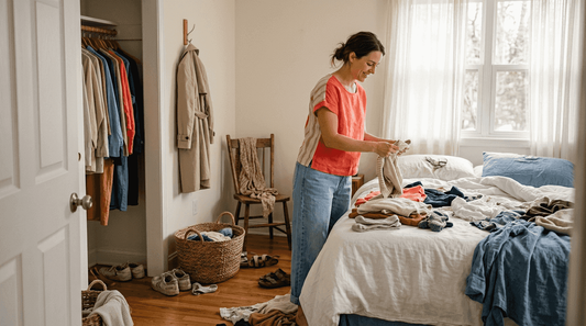 Woman organizing spring summer capsule wardrobe