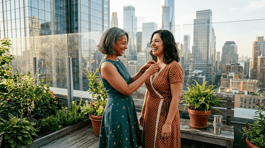 Two women wearing stylish dresses on rooftop