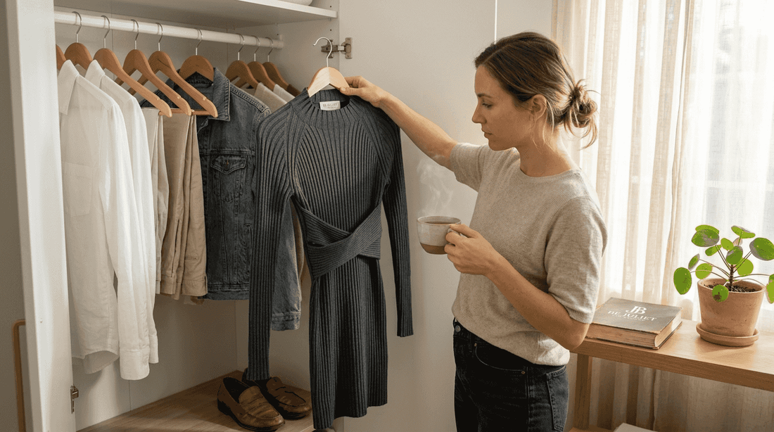 Woman selecting essentials in a capsule wardrobe