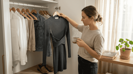 Woman selecting essentials in a capsule wardrobe