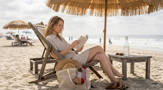 Woman relaxing with beach wardrobe essentials
