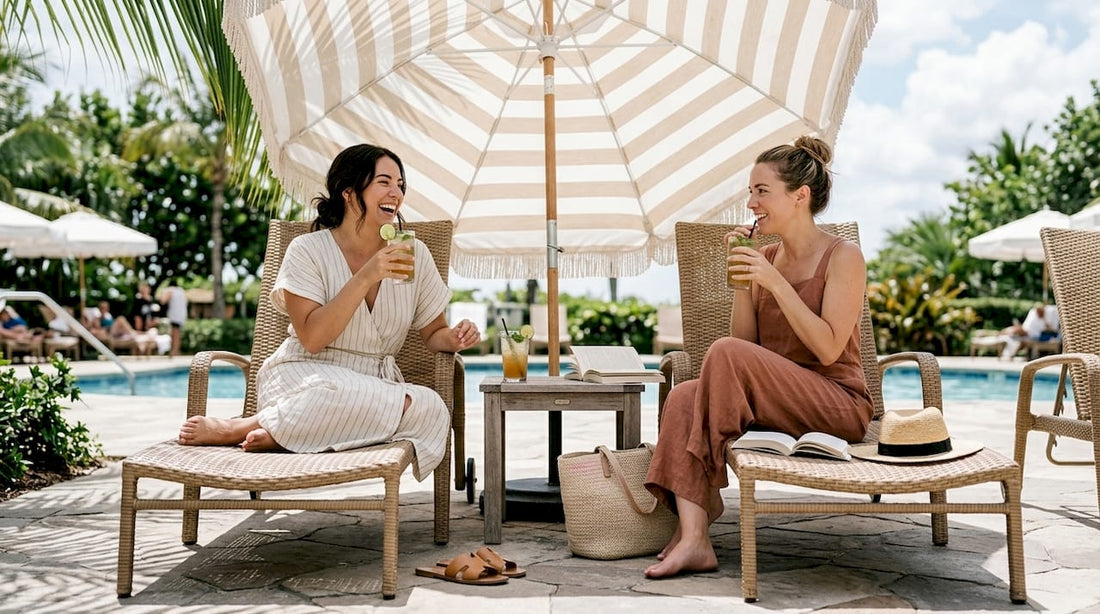 Women in relaxed resort wear lounging poolside