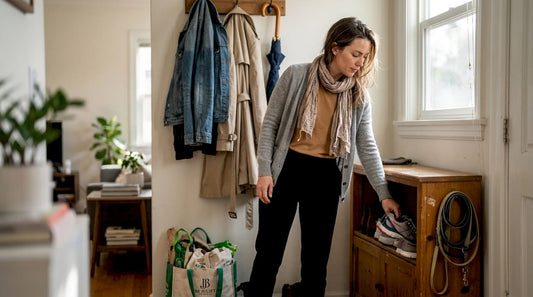 Woman selects shoes from entryway wardrobe