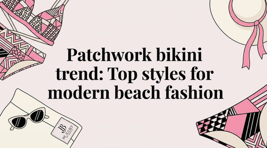 Flat vector patchwork bikinis and beach icons framing title