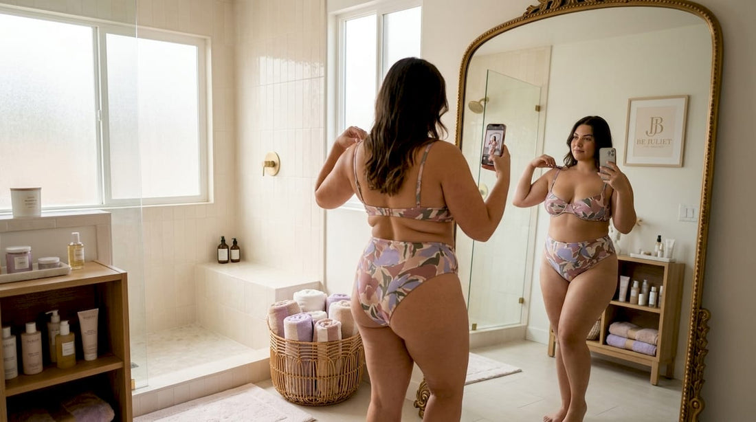 Curvy woman adjusting bikini at home in mirror
