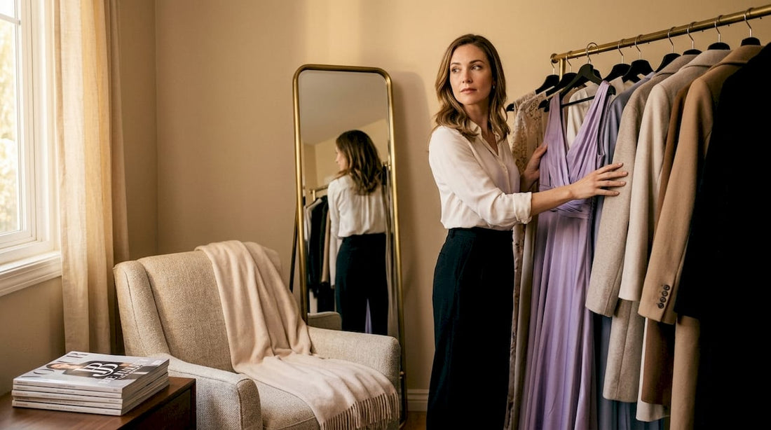 Woman selecting outfit in organized wardrobe