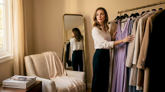 Woman selecting outfit in organized wardrobe